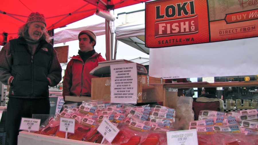 Pete Knutson and his son Dylan sell local Pacific salmon at outdoor markets around the Seattle area. The sign on their stall at a recent market in Seattle's Ballard neighborhood reads, “In response to multiple customer inquiries regarding the Fukushima i Pete Knutson and his son Dylan sell local Pacific salmon at outdoor markets around the Seattle area. The sign on their stall at a recent market in Seattle's Ballard neighborhood reads, “In response to multiple customer inquiries regarding the Fukushima i